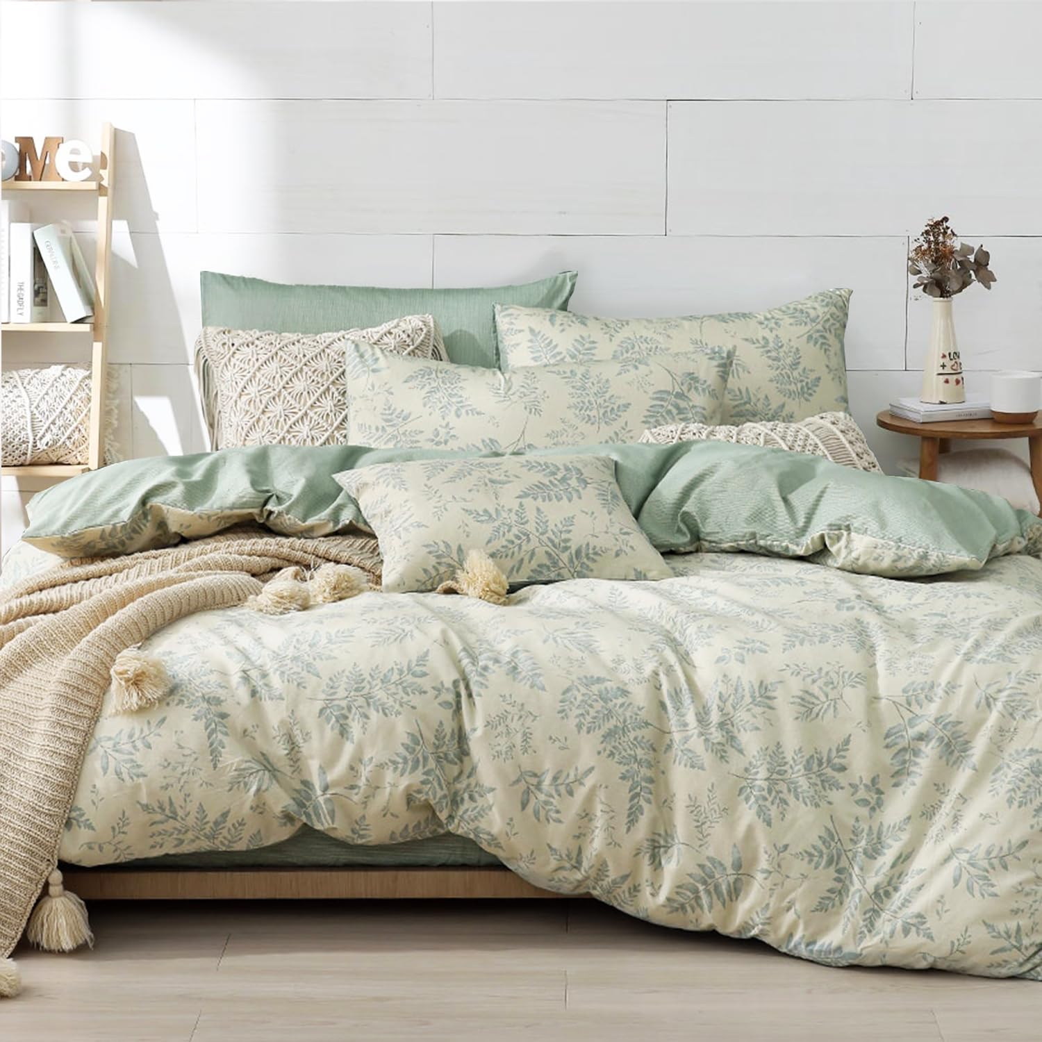 Lemiroe Botanical Cotton Comforter King Size - Dusty Green Comforter Printed With Luxrious Bluish-Grey Ferns On Beige,Reversible
